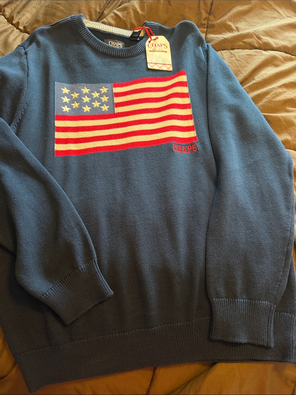 Chaps Navy Blue American Flag Crewneck Sweater with Red & White Accents
